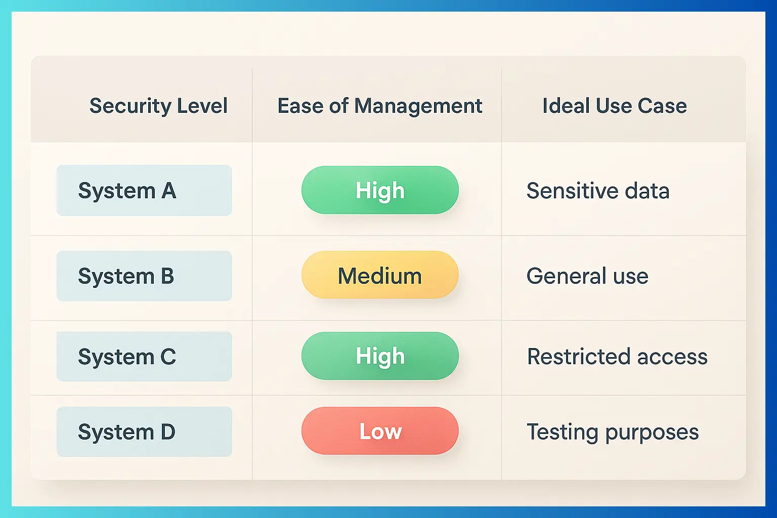 Table chart comparing types with columns for Security Level, Ease of Management, and Ideal Use Case.